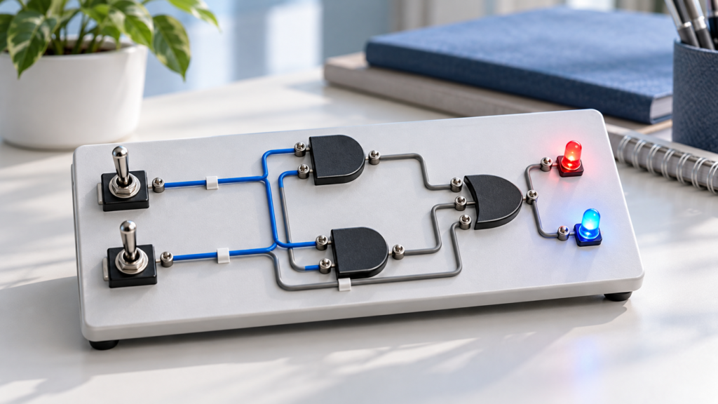 入力スイッチと二つの出力ランプを備えた論理回路の実習ボード