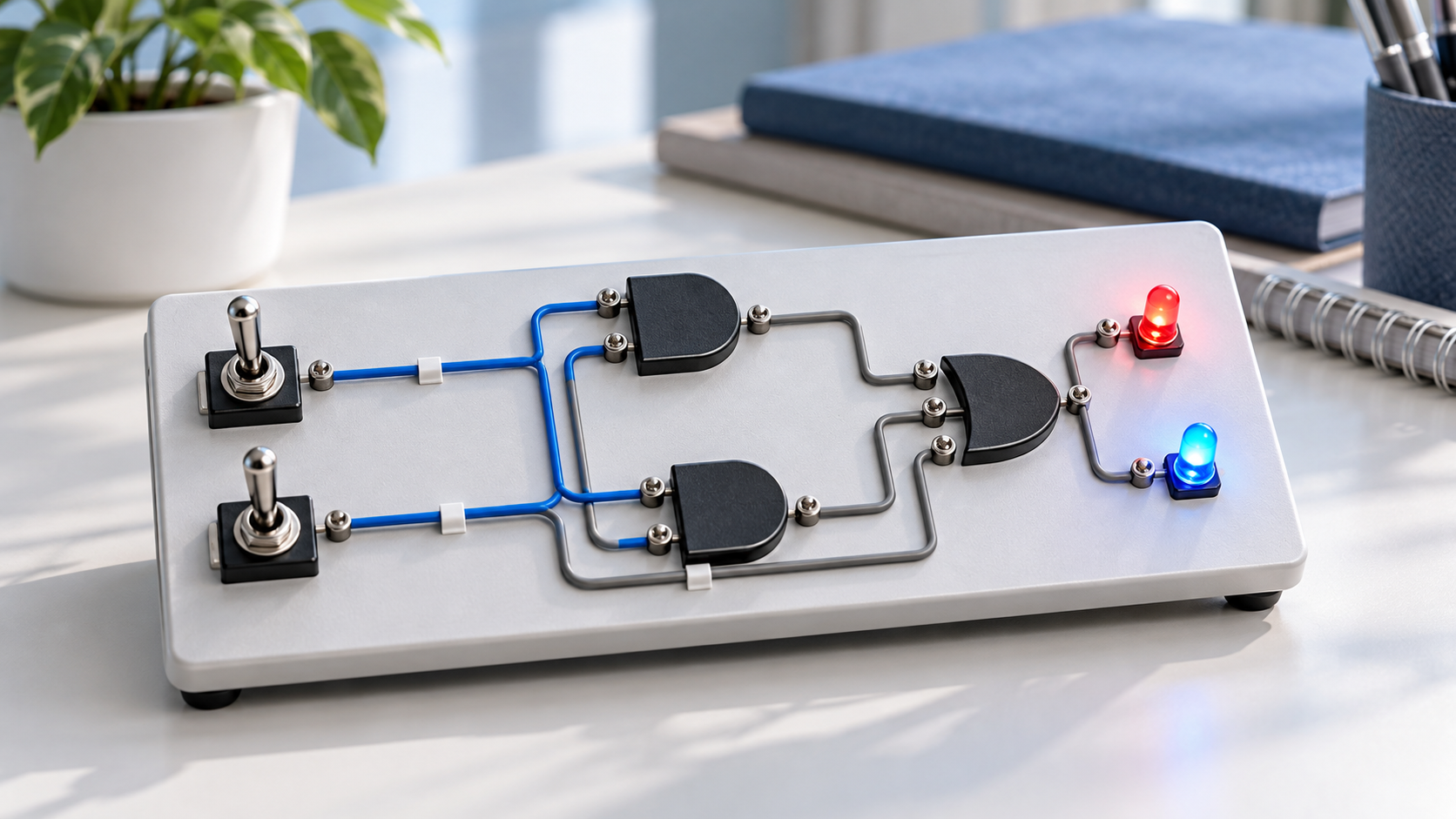 入力スイッチと二つの出力ランプを備えた論理回路の実習ボード