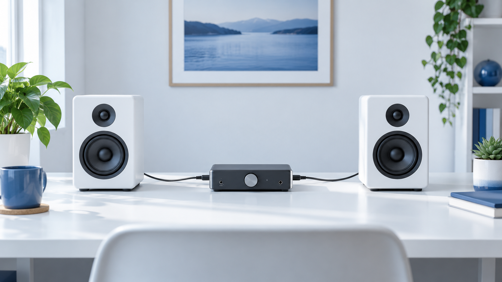 左右のスピーカーを音声機器につないだ構成