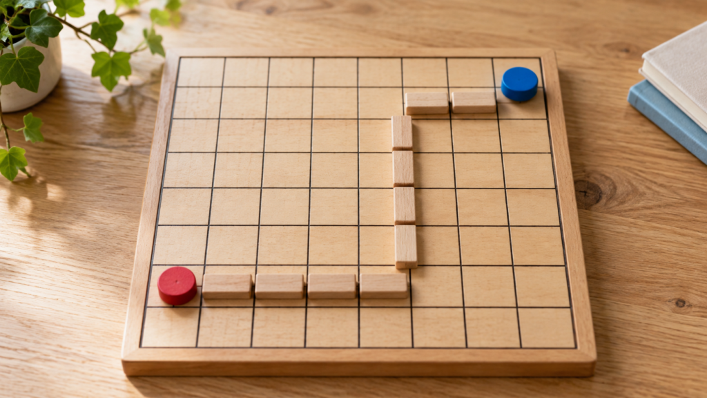 格子上を右方向と上方向へ進む道筋を示す学習イメージ