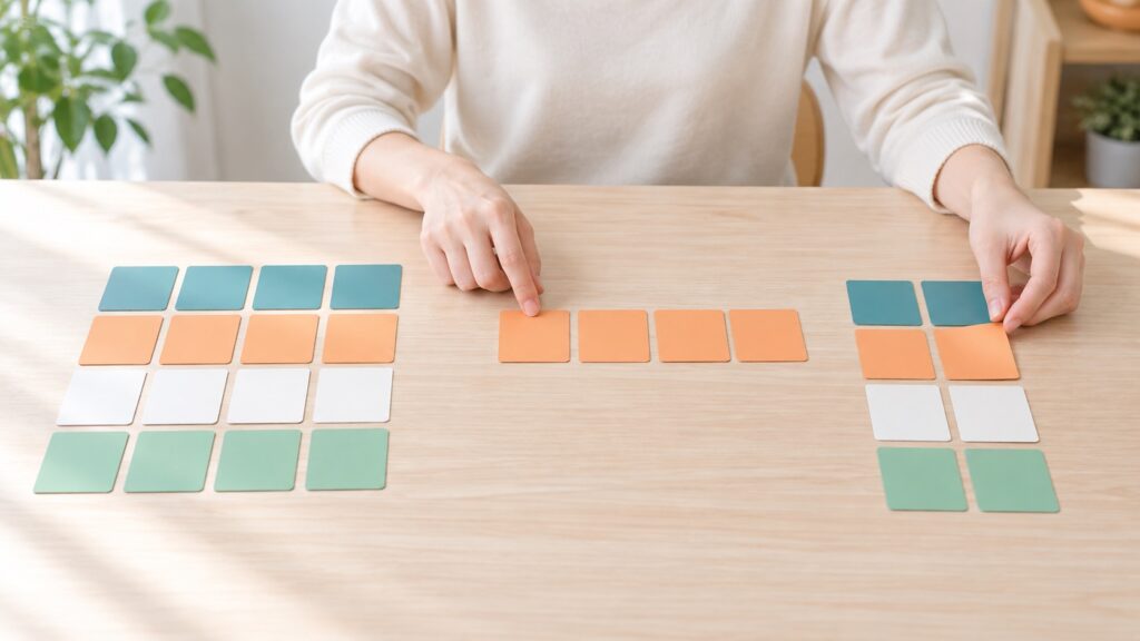 元の表と中間表と結果をカードで見比べる検算のイメージ