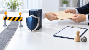 障害を避ける道とサーバーを守る盾と書類受渡しを並べたリスク対応の概念イメージ