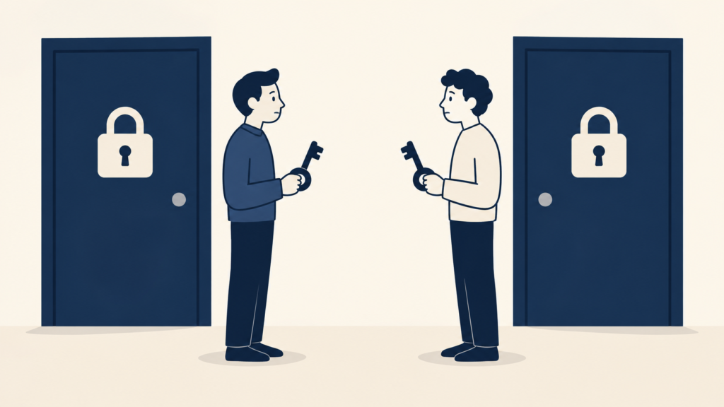 二人がそれぞれ鍵を持ち向かい合って待つイメージ