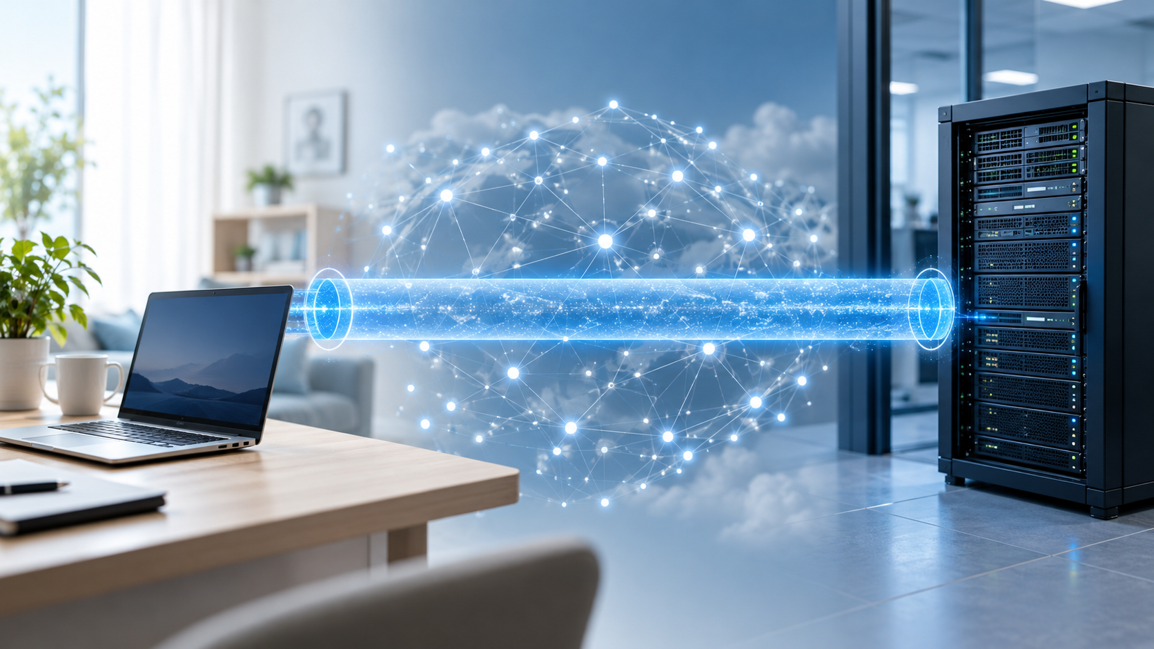 社外のノートPCと企業サーバを保護された通信路で結ぶVPNの概念イメージ