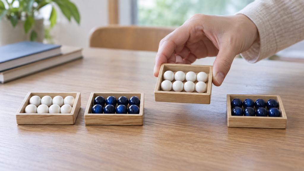 小粒のまとまりを崩さずに並べ替えるバイトの教材模型
