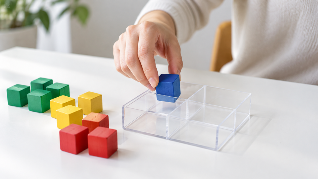 色付きブロックを透明な区画トレーへ置く学習用模型