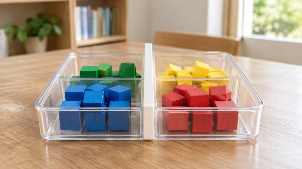 仕切りを設けて色別に分けたバイト列の教材模型