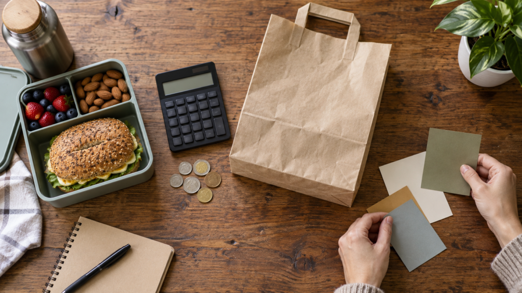 朝食商品、計算機、受け取り用の袋、告知用の無地カードを並べた作業台