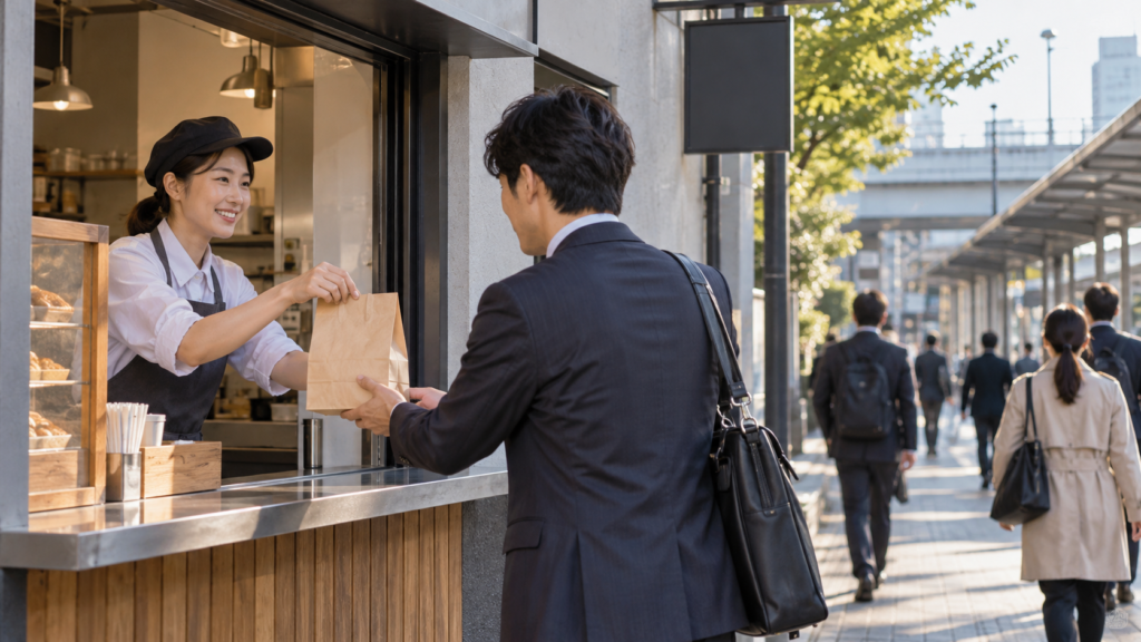 通勤経路にある受け取り窓口で紙袋を受け取る人