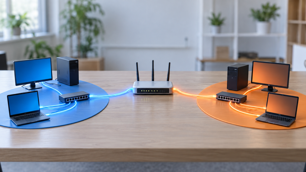 二つの端末群を中央のルータがつなぐVLAN間通信の概念イメージ