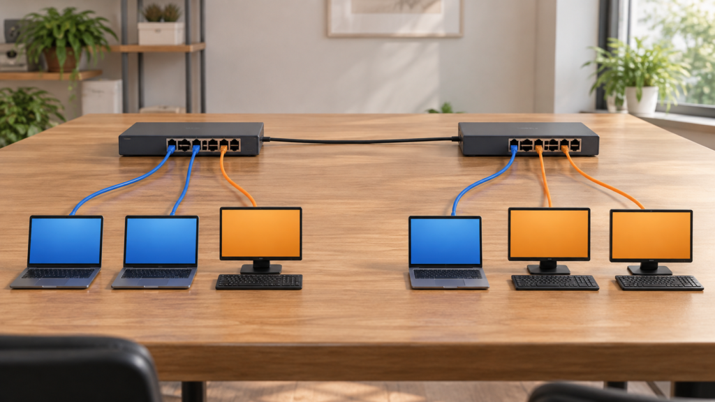 二台のスイッチへ二色の端末を分散したVLAN学習モデルのイメージ