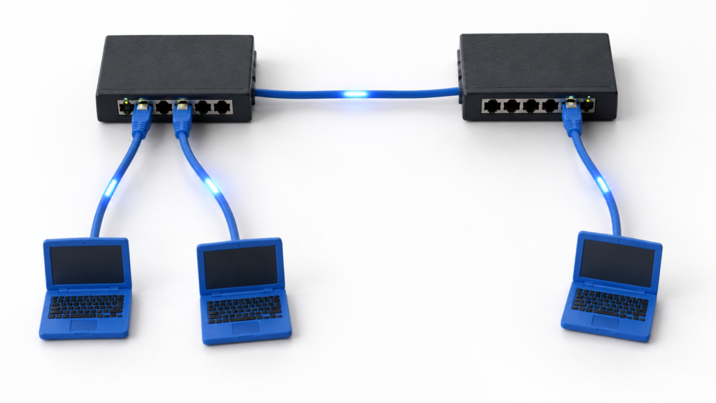 同じ所属の端末へスイッチをまたいで届くブロードキャストのイメージ