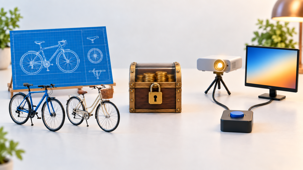 設計図、自転車、硬貨箱、出力装置でオブジェクト指向の基本を表したイメージ