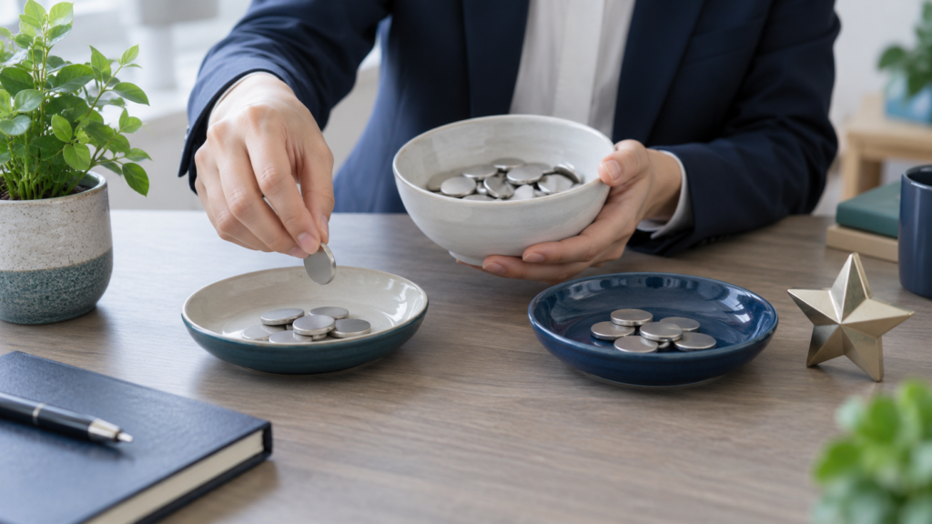 資金を見立てた円盤を1つの器から2つの器へ移す場面