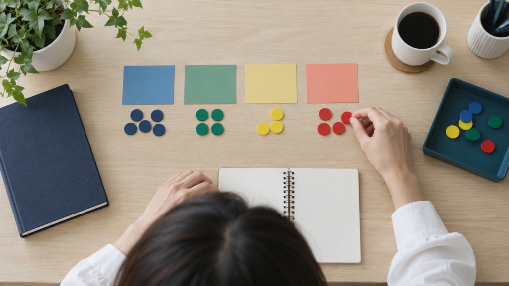 4つの事業を表すカードと円盤を使って分類を考える学習場面