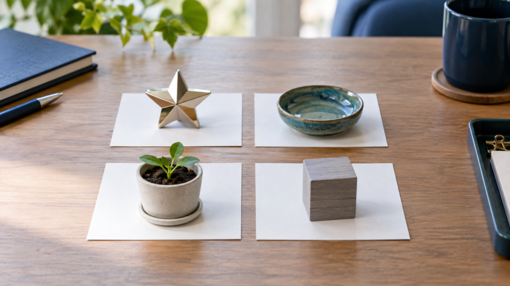 星や植物など4種類の模型を並べ、PPMの分類を整理するイメージ