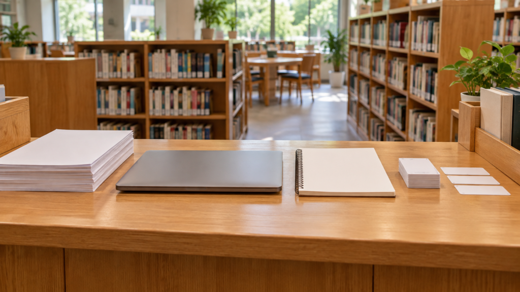 図書館の貸出机に並べたノートとパソコンと確認用カード