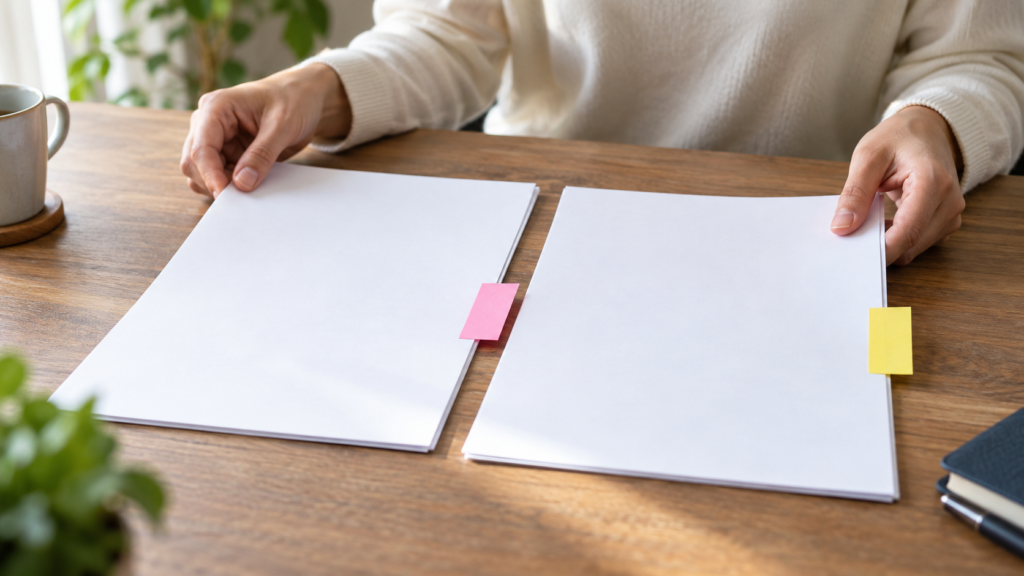異なる付箋が付いた二つの書類を並べて比較する手元